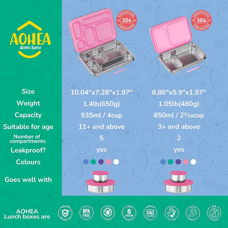 AOHEA Stainless Steel Bento Box Kids, Kids Metal Bento Lunch Box BPA Free Lunch Box Containers 304 Stainless Steel Bento Box for School and Office(Pink) - Image 5